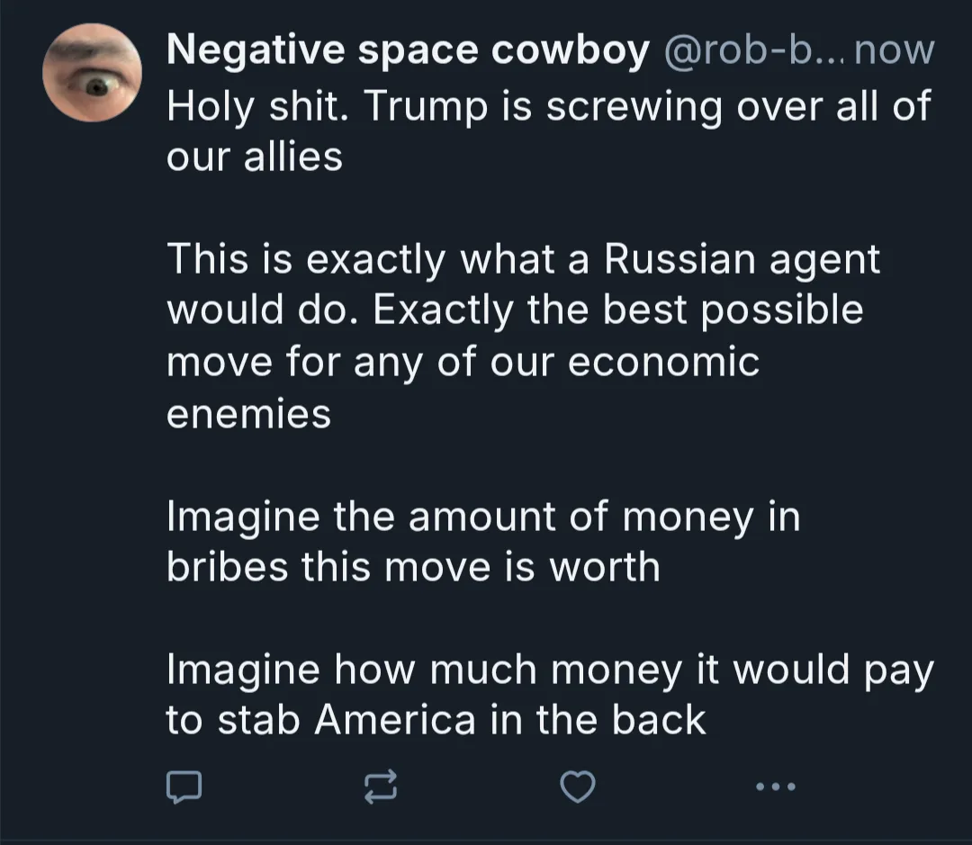 A screenshot of a tweet from 'Negative space cowboy @rob-b...' with a close-up of an eye as the profile picture. The tweet…