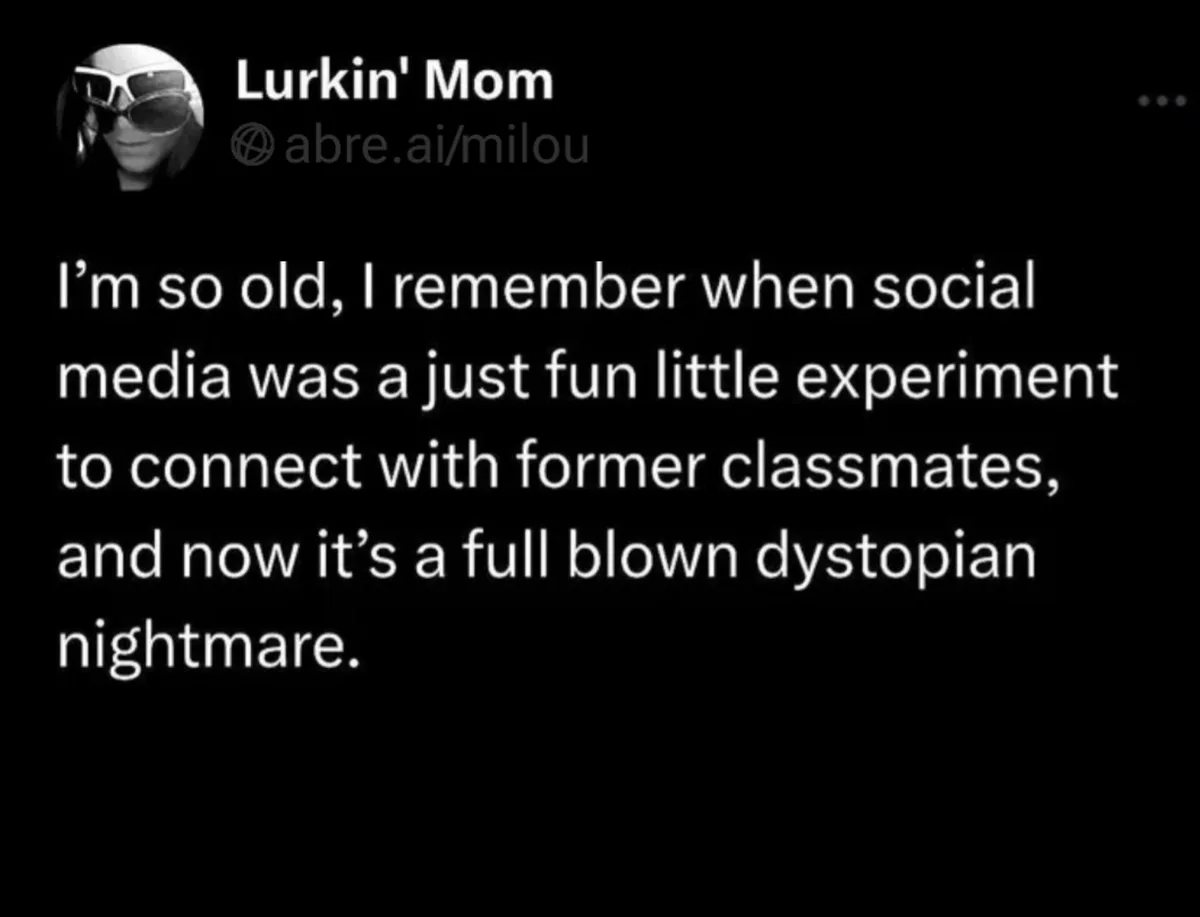 A black-background image mimicking a social media post from a user named 'Lurkin' Mom' with a profile picture of a person…