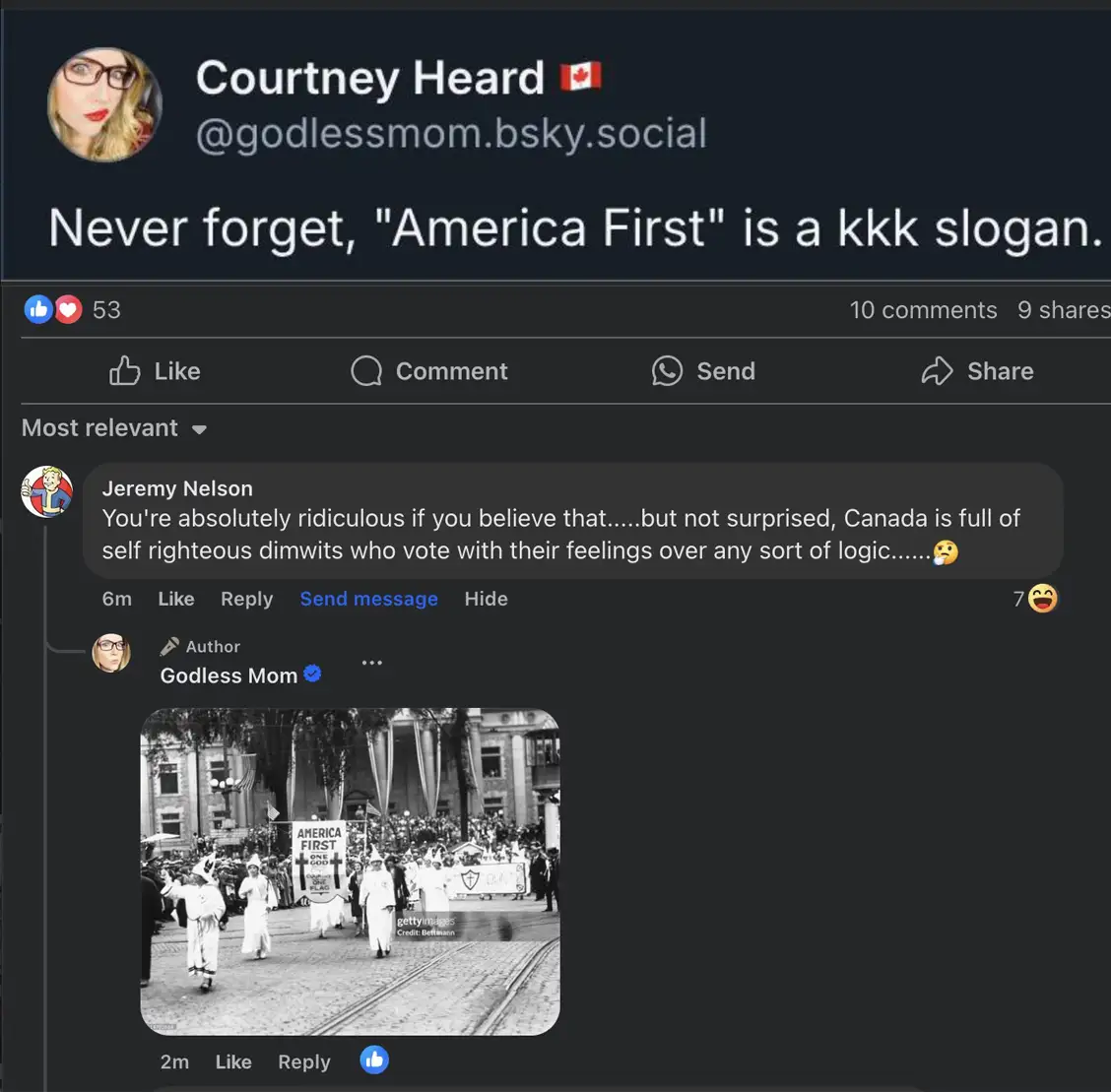 A screenshot of a social media post by 'Courtney Heard' with a black-and-white historical photo of a white supremacist…
