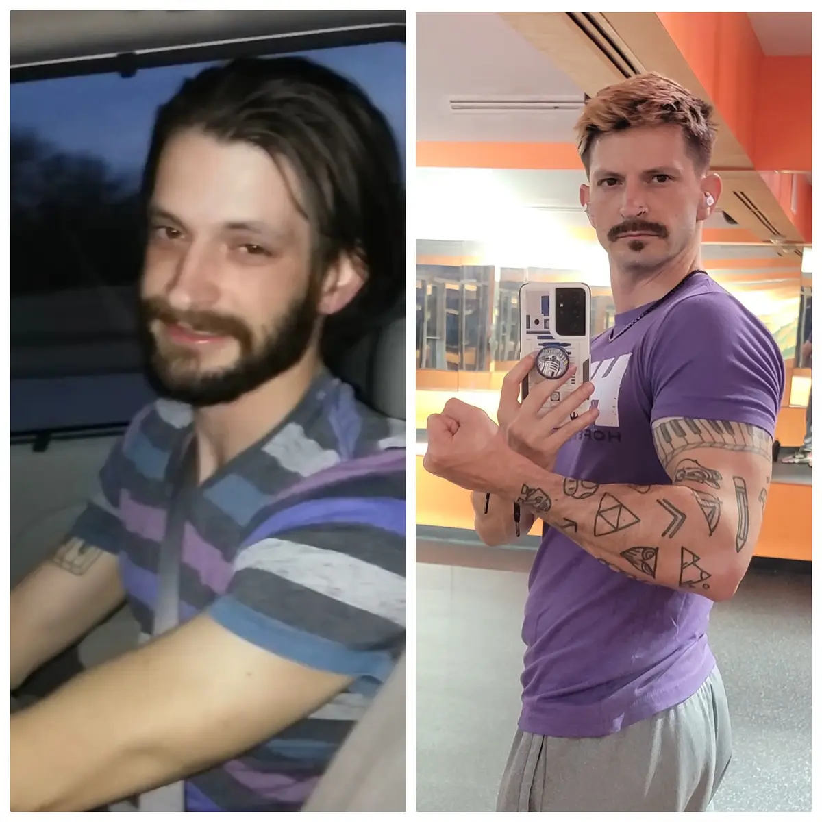 The image is a side-by-side comparison of a man. On the left, he appears in a car wearing a striped shirt, looking relaxed…