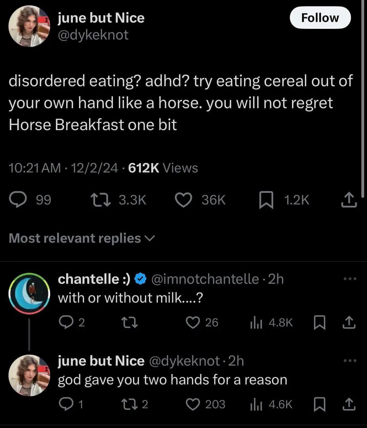 A screenshot of a Twitter post by user 'june but Nice' (@dykeknot) with 612K views, suggesting eating cereal like a horse as…