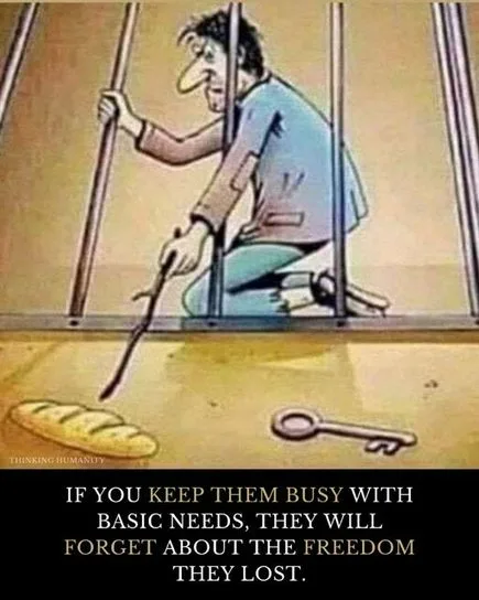 A cartoon depicts a man in a jail cell, kneeling and holding a broom to sweep the floor. A loaf of bread and a large key lie…