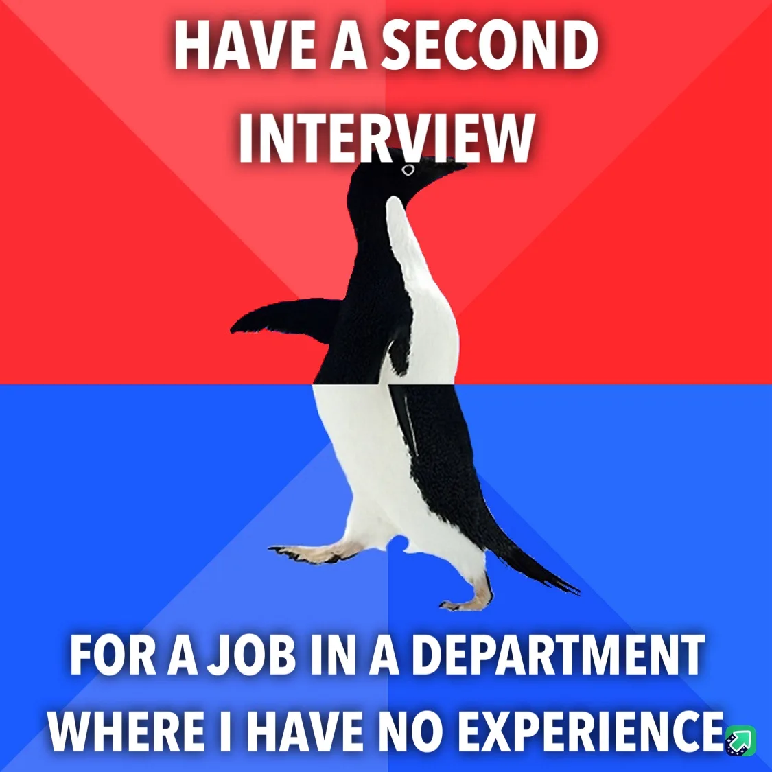 A penguin stands centered against a red and blue background, split horizontally. The top half has white text reading 'HAVE A…