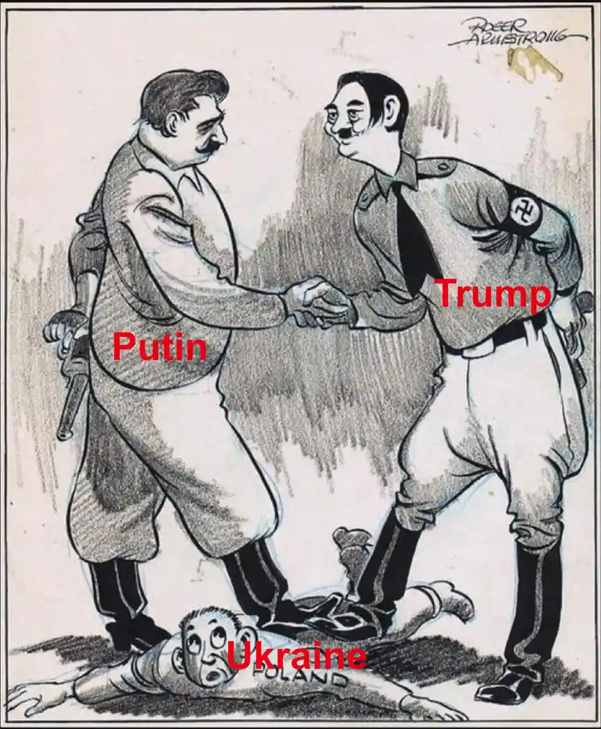 A vintage political cartoon shows two men shaking hands over a fallen figure labeled 'Ukraine'. The man on the left, labeled…