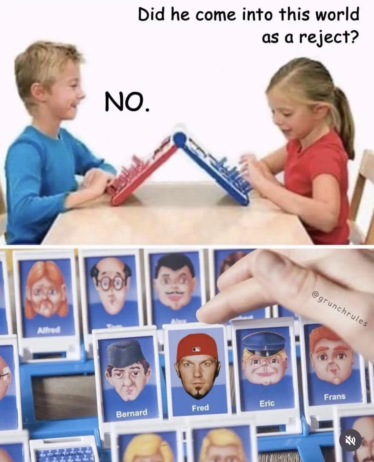 Two children play a board game with a red and blue plastic rack. The top panel shows a boy and girl smiling at each other…