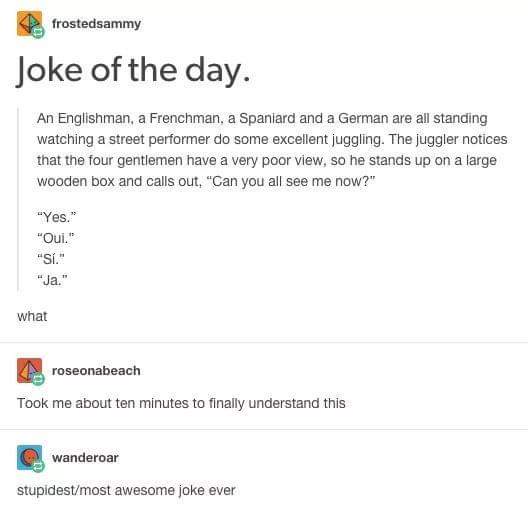 A screenshot of a Reddit thread titled 'Joke of the day' shows a joke about an Englishman, Frenchman, Spaniard, and German…