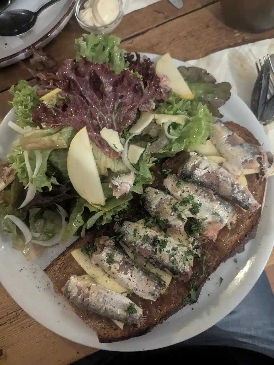 A plate of food featuring sardines arranged on a slice of dark bread, accompanied by a side salad with mixed greens, apple…