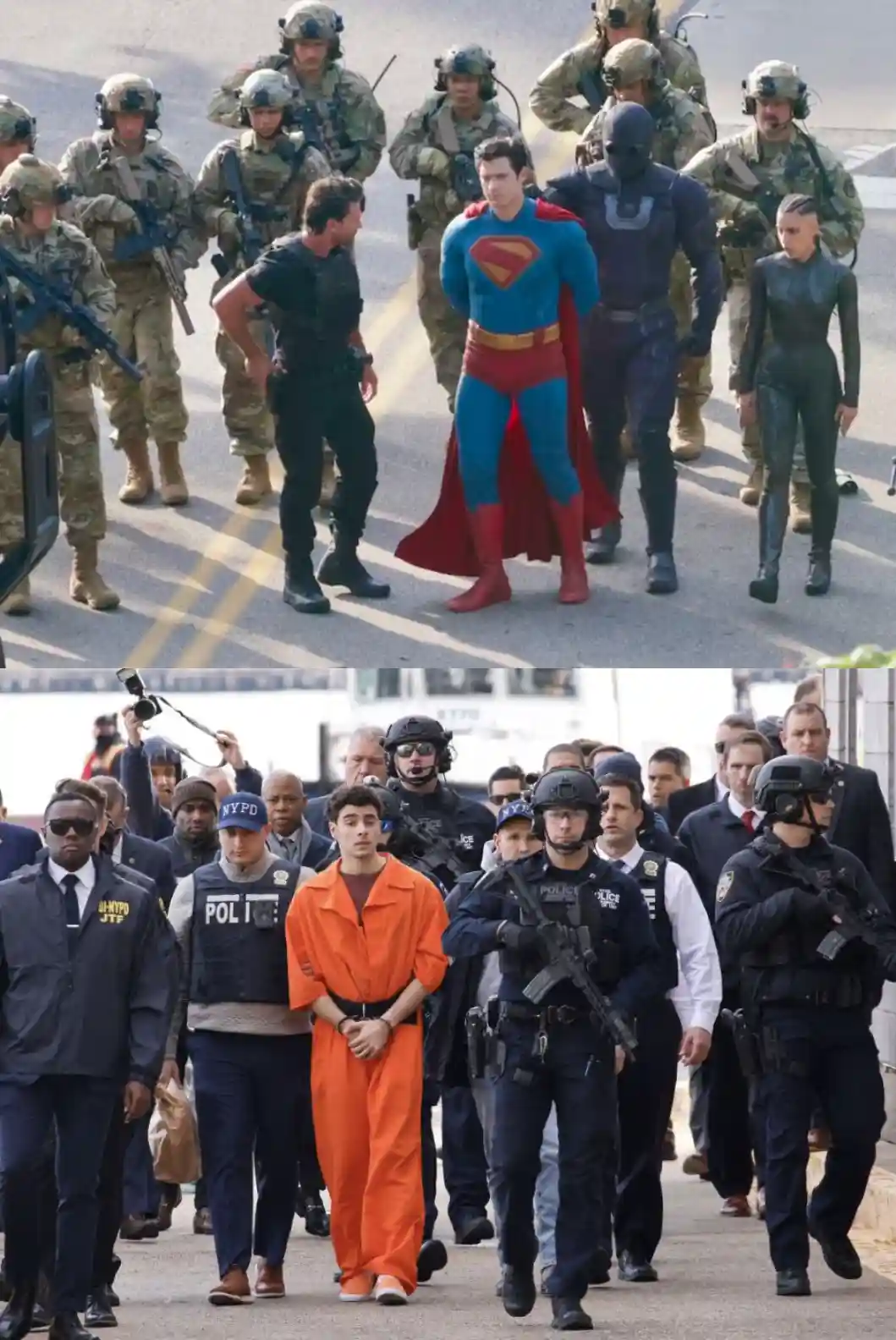 The top image shows Superman and other DC superheroes being escorted by armed military personnel. The bottom image shows a…