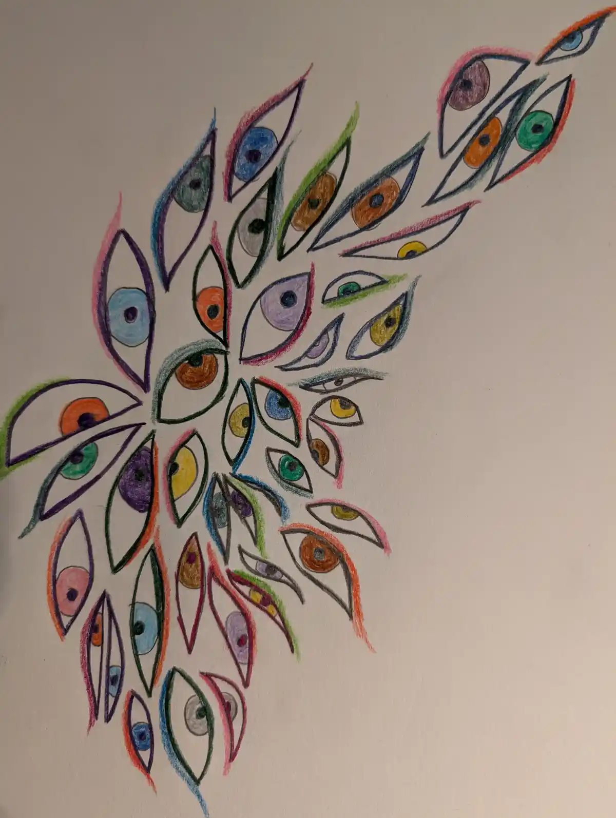A hand-drawn artwork on white paper features a radial pattern of dozens of stylized eyes, each outlined in different colored…