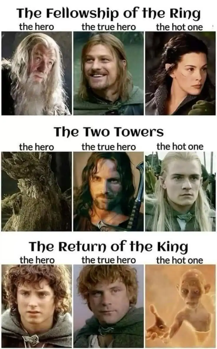 This meme displays three rows of images from 'The Lord of the Rings' trilogy, each labeled with a movie title. Each row…