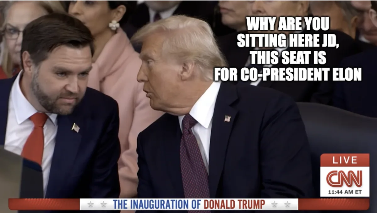 A still from a CNN broadcast of Donald Trump's inauguration shows him speaking to Jared Kushner, who is seated beside him…