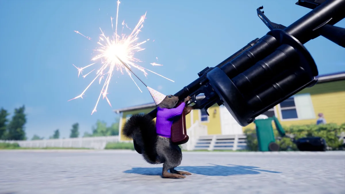 A small animated squirrel wearing a purple sweater and a party hat is holding a large black rocket launcher, with a lit…