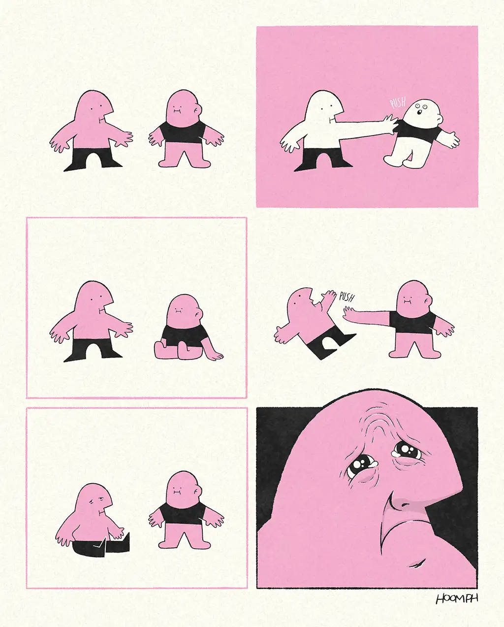 A comic strip shows two pink, blob-like characters interacting. In the first panel, one character pushes the other, who is…