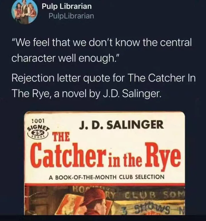 An image of a vintage paperback cover for J.D. Salinger's 'The Catcher in the Rye' shows a boy in a red cap looking at a…