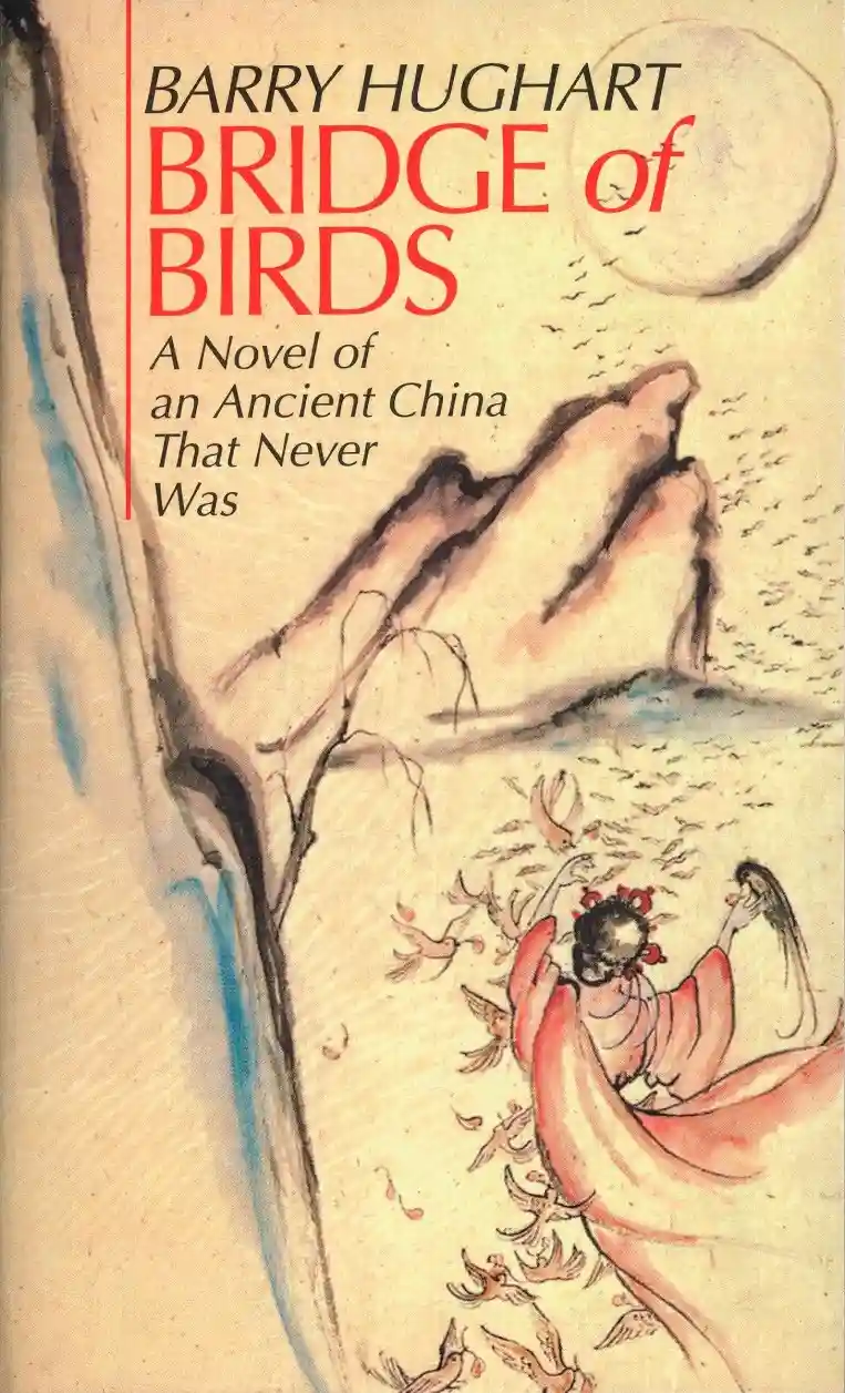The image shows the book cover for 'Bridge of Birds' by Barry Hughart, featuring an illustrated scene of a woman in flowing…