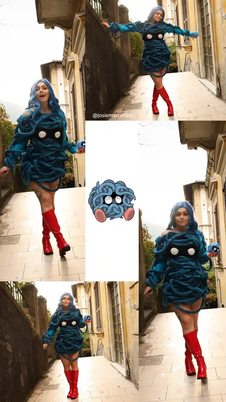 A collage of four photos showing a person cosplaying as the Pokémon Tentacool, wearing a blue, rope-textured costume with…