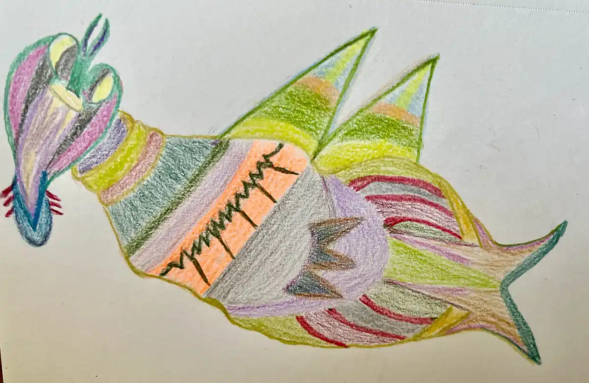 A colorful crayon drawing of a stylized, abstract fish with rainbow-striped body, spiky fins, and a large head with multiple…