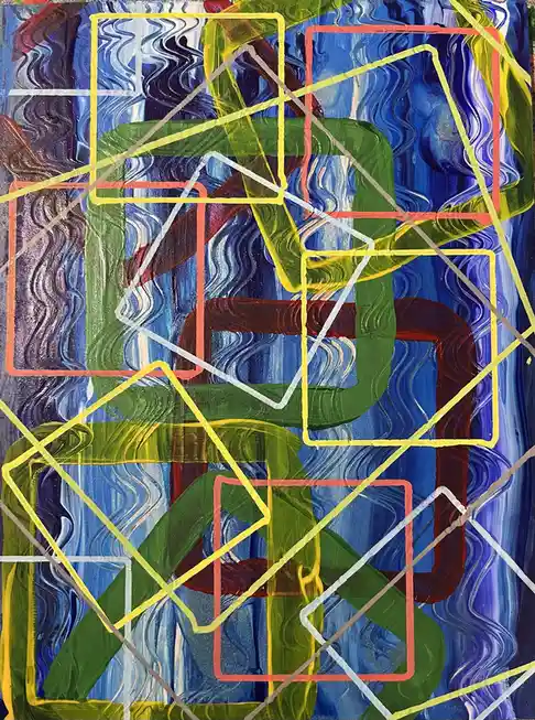 An abstract painting with swirling blue, purple, and green brushstrokes overlaid with numerous intersecting, irregularly…