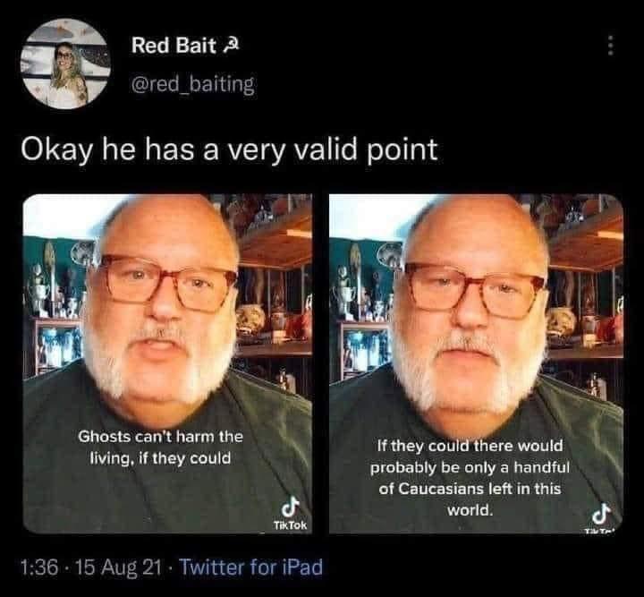 A split-screen image shows a man with glasses and a white beard speaking in two panels. The left panel has text: 'Ghosts…