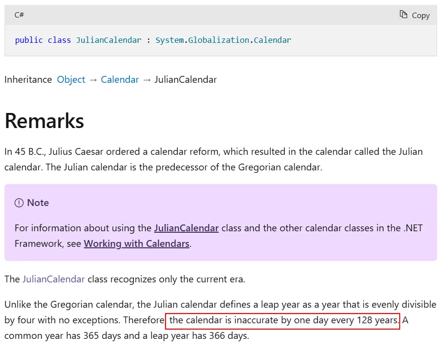 A screenshot of a .NET documentation page for the JulianCalendar class, showing text that states 'the calendar is inaccurate…