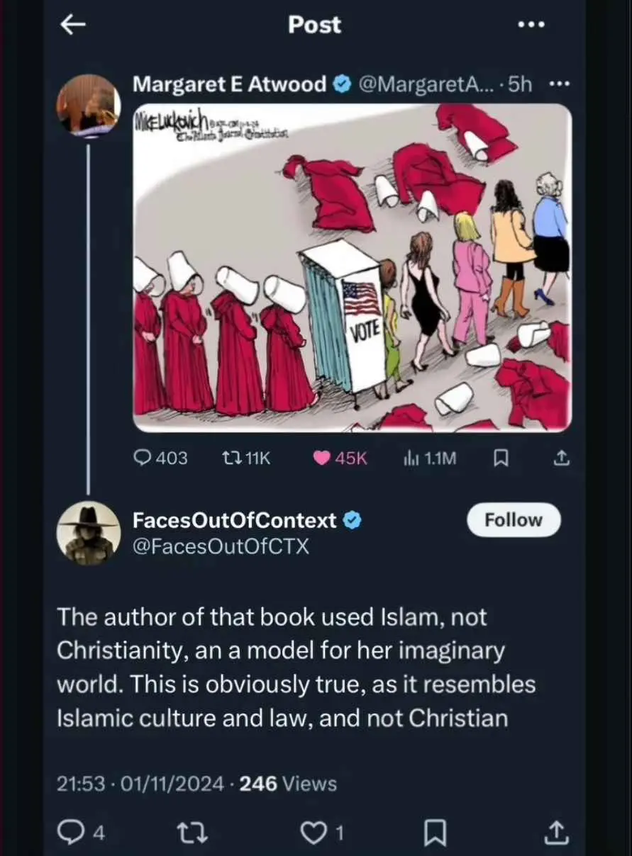 A cartoon depicts women in red robes and white bonnets standing in line at a voting booth marked with an American flag and…