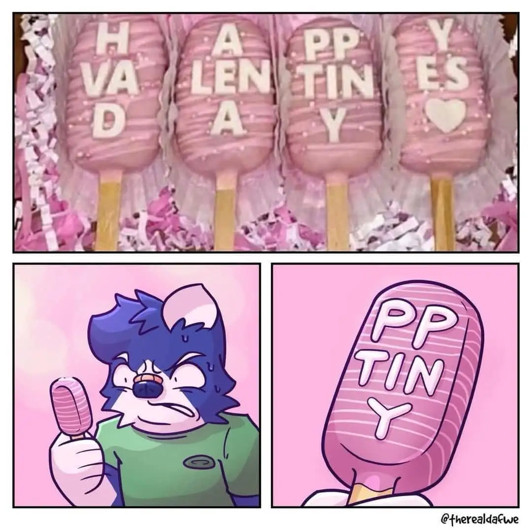 Four pink-frosted cake pops spell out 'HVA D A LEN A PP TIN Y ES' with a heart, arranged in a box. Below, a cartoon blue…
