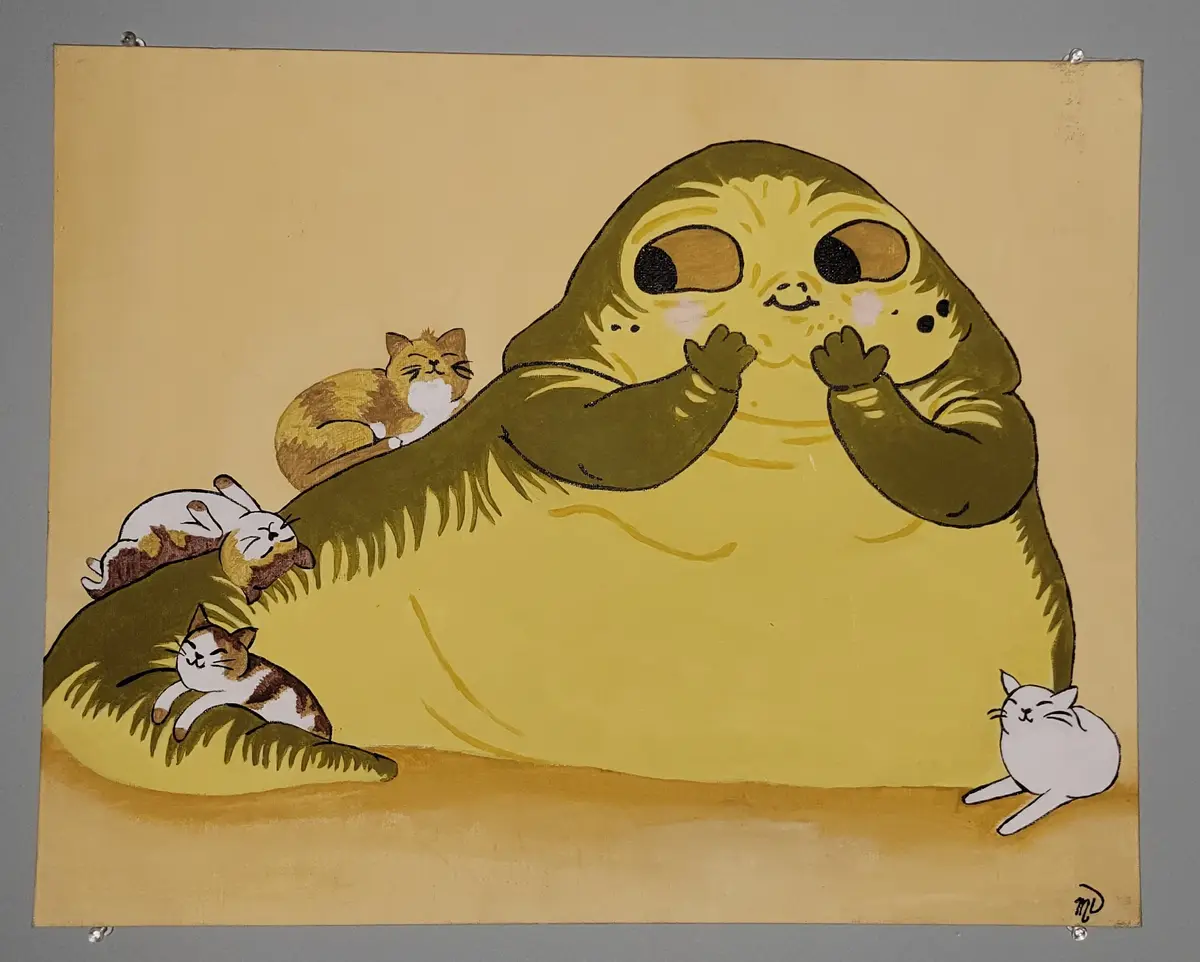A cartoonish, large, yellow, blob-like creature with big eyes and a happy expression sits calmly while four small cats of…