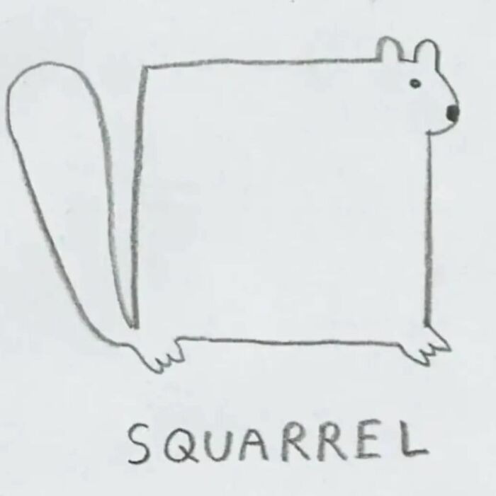 A simple hand-drawn sketch of a squirrel with a square body, drawn in pencil on white paper. The word 'SQUARREL' is written…