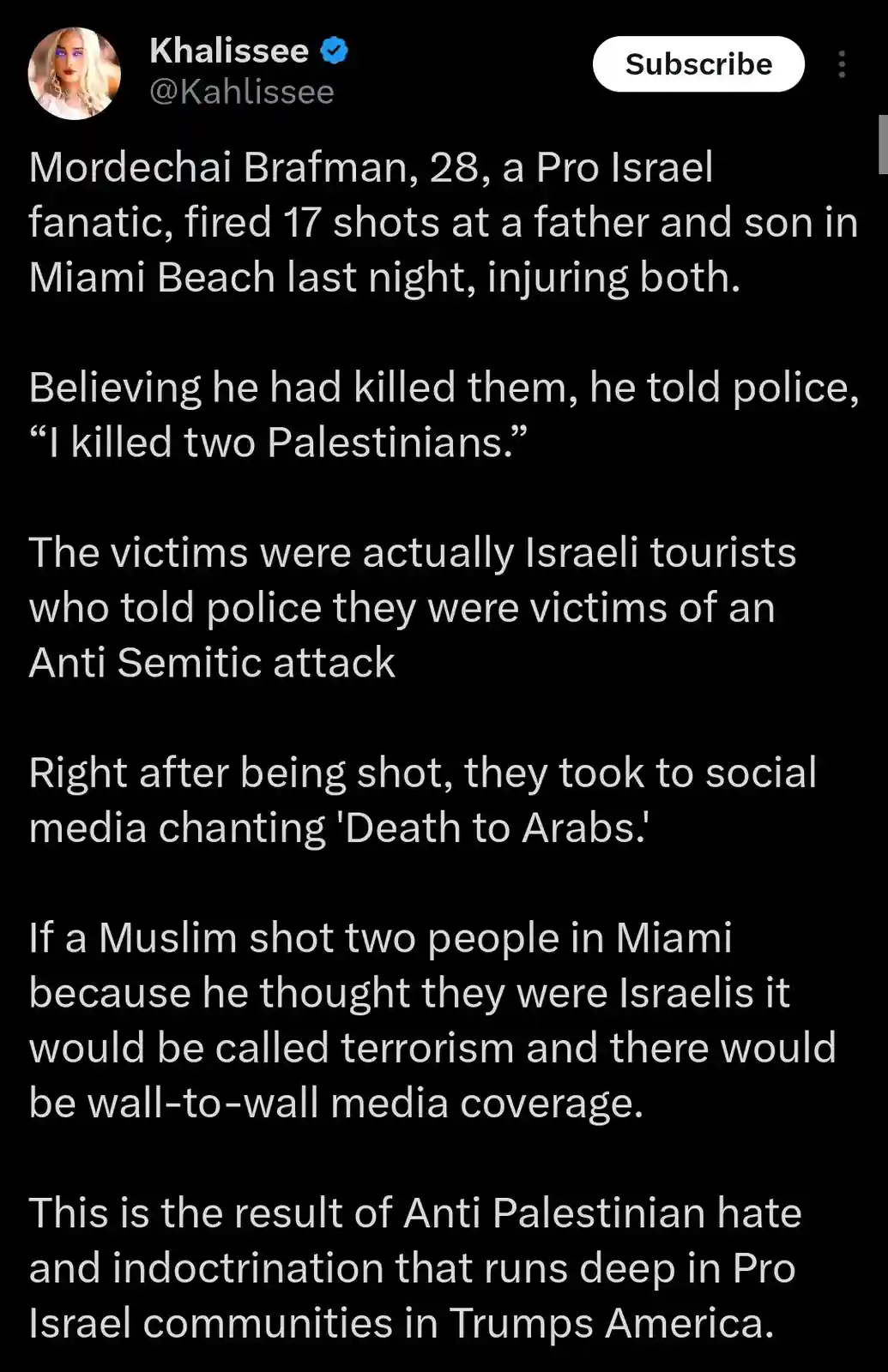 A black-background image displays white text detailing a fictionalized account of an incident in Miami Beach where a man…