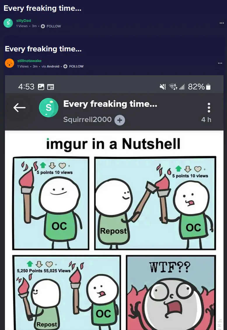 A four-panel comic strip shows two stick figures labeled 'OC' and 'Repost' holding torches. Initially, they each have 5…