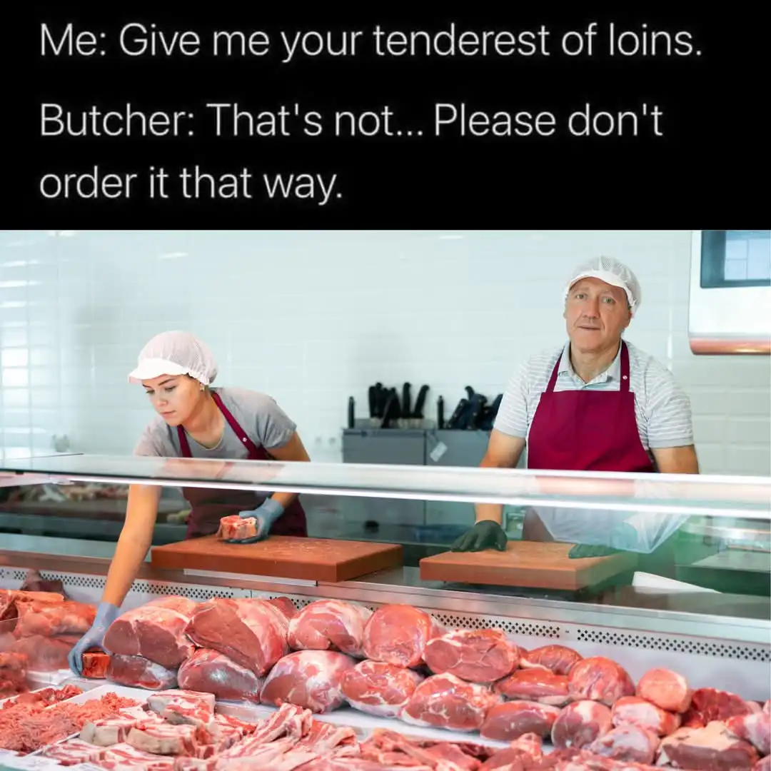 A photo of two butchers behind a glass counter in a meat shop, surrounded by raw meat cuts. The text overlaid at the top…
