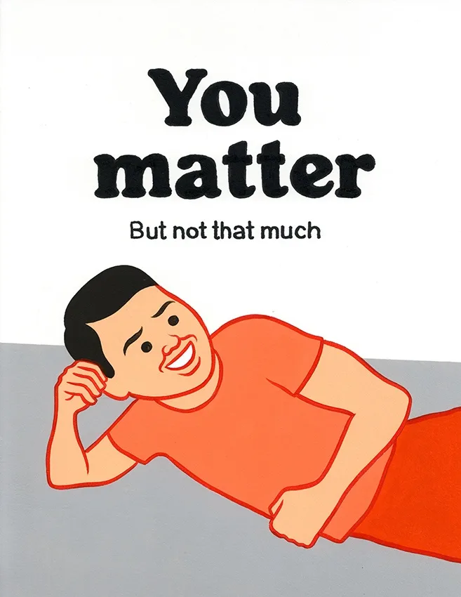 A cartoon man in an orange shirt lies on his side on a gray floor, smiling while resting his head on his hand. Above him…