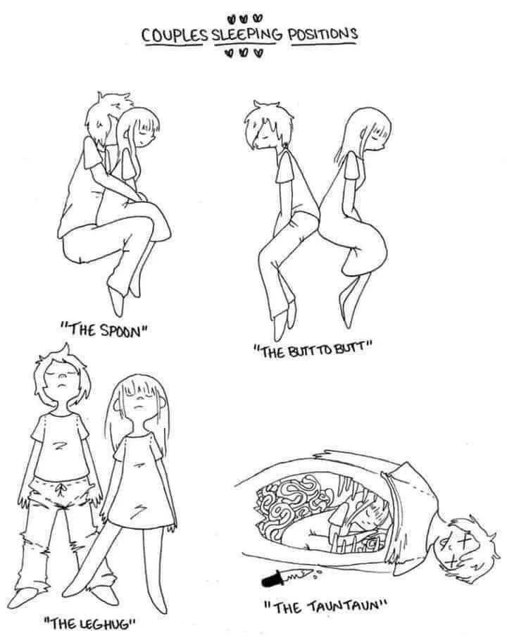 A black-and-white line drawing shows four labeled cartoon couples sleeping positions: 'The Spoon' (one person curled under…
