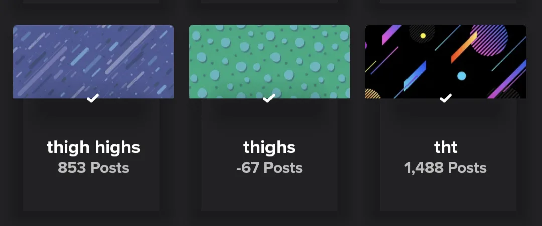 Three rectangular panels with abstract backgrounds show search results for 'thigh highs' (853 posts), 'thighs' (-67 posts)…