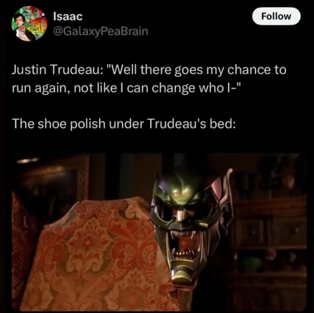 A screenshot of a tweet by Isaac (@GalaxyPeaBrain) shows a meme image of a menacing, metallic, green-skinned demonic mask…