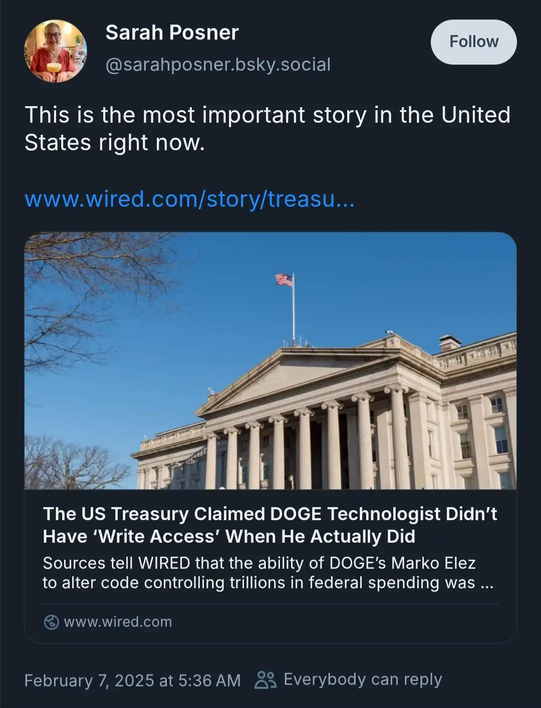A screenshot of a social media post by Sarah Posner, who declares a news article as 'the most important story in the United…