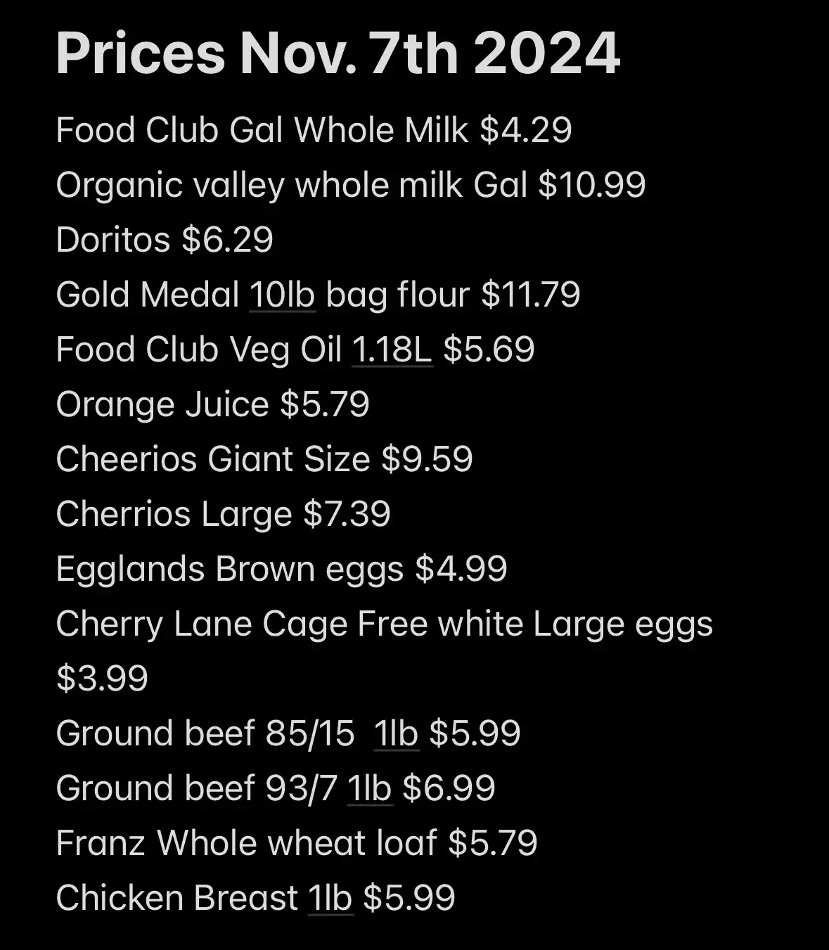 A black background displays a list of grocery prices dated 'Prices Nov. 7th 2024', including items like milk, Doritos…
