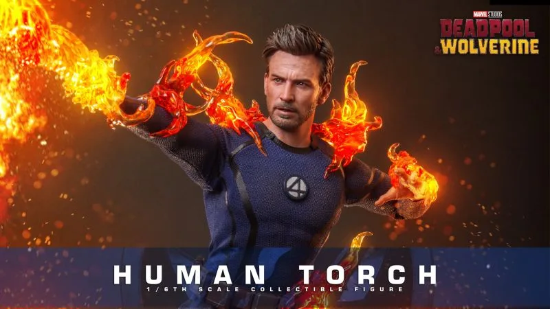 A collectible figurine of a man in a blue Fantastic Four suit with flames erupting from his hands and arms, set against a…
