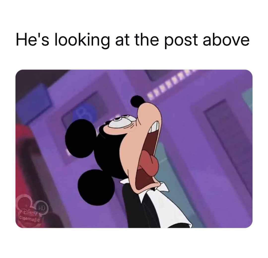 The image shows Mickey Mouse from Disney, depicted with his head tilted back and mouth wide open in a scream or shout…