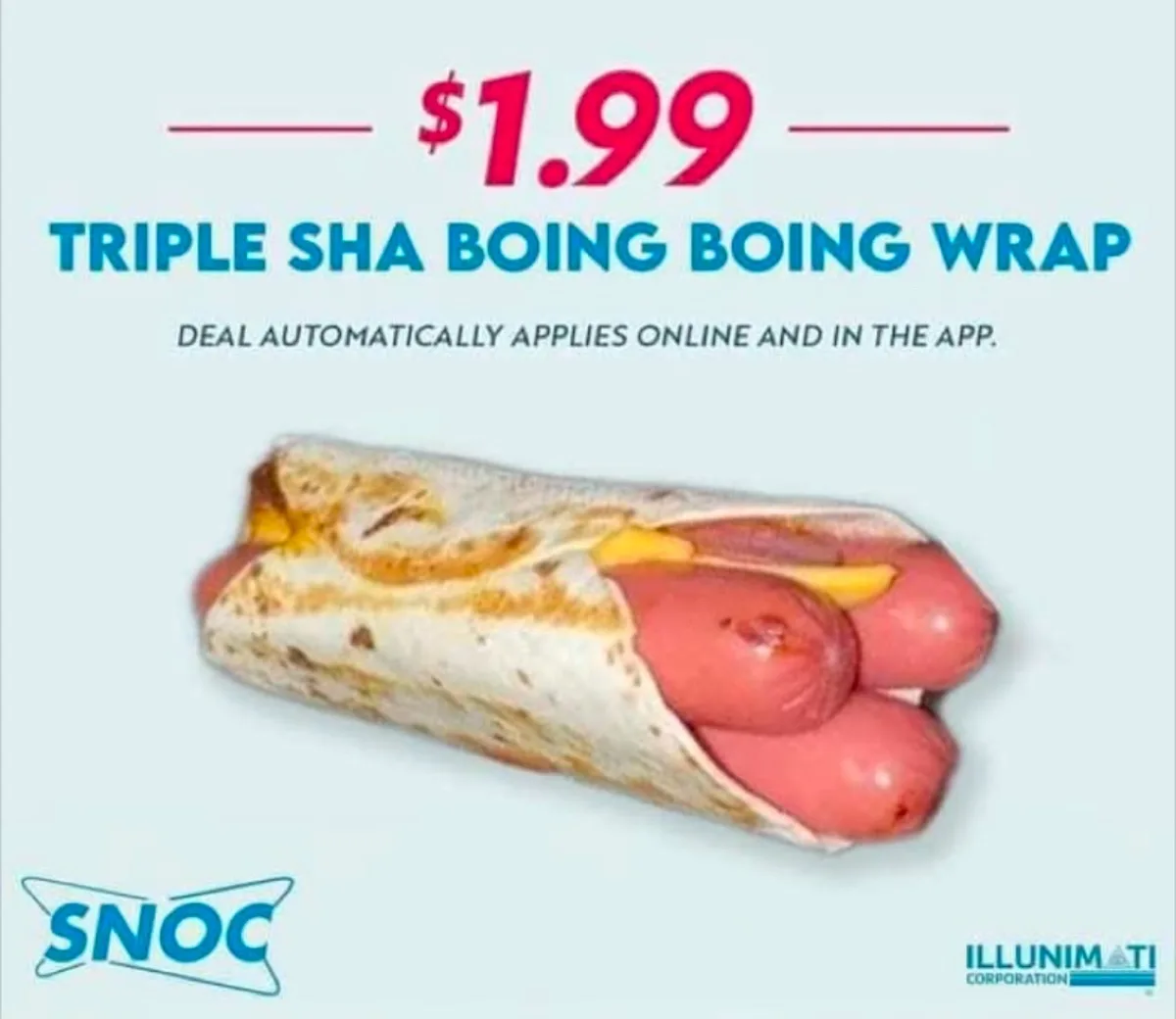 An advertisement image shows a tortilla wrap filled with three hot dogs and mustard, priced at $1.99. The text reads 'TRIPLE…
