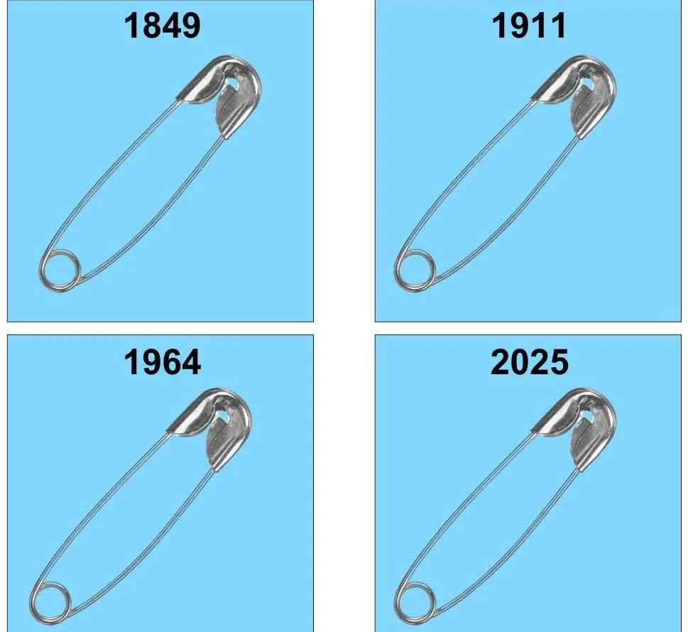 Four identical safety pins are shown against a light blue background, each labeled with a year: 1849, 1911, 1964, and 2025…