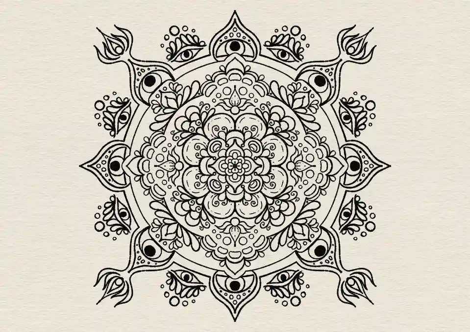A black-and-white intricate mandala drawing on textured paper, featuring a central floral pattern surrounded by eight…