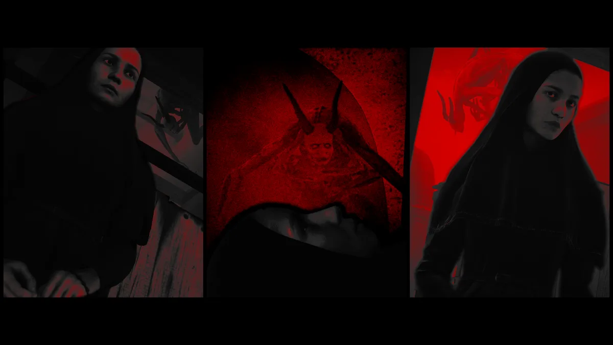 A triptych image shows a woman in a dark hooded outfit looking upward in fear, with demonic figures visible in the…
