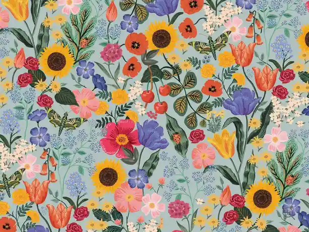 A vibrant, densely packed floral illustration featuring sunflowers, tulips, roses, poppies, and other colorful blooms…