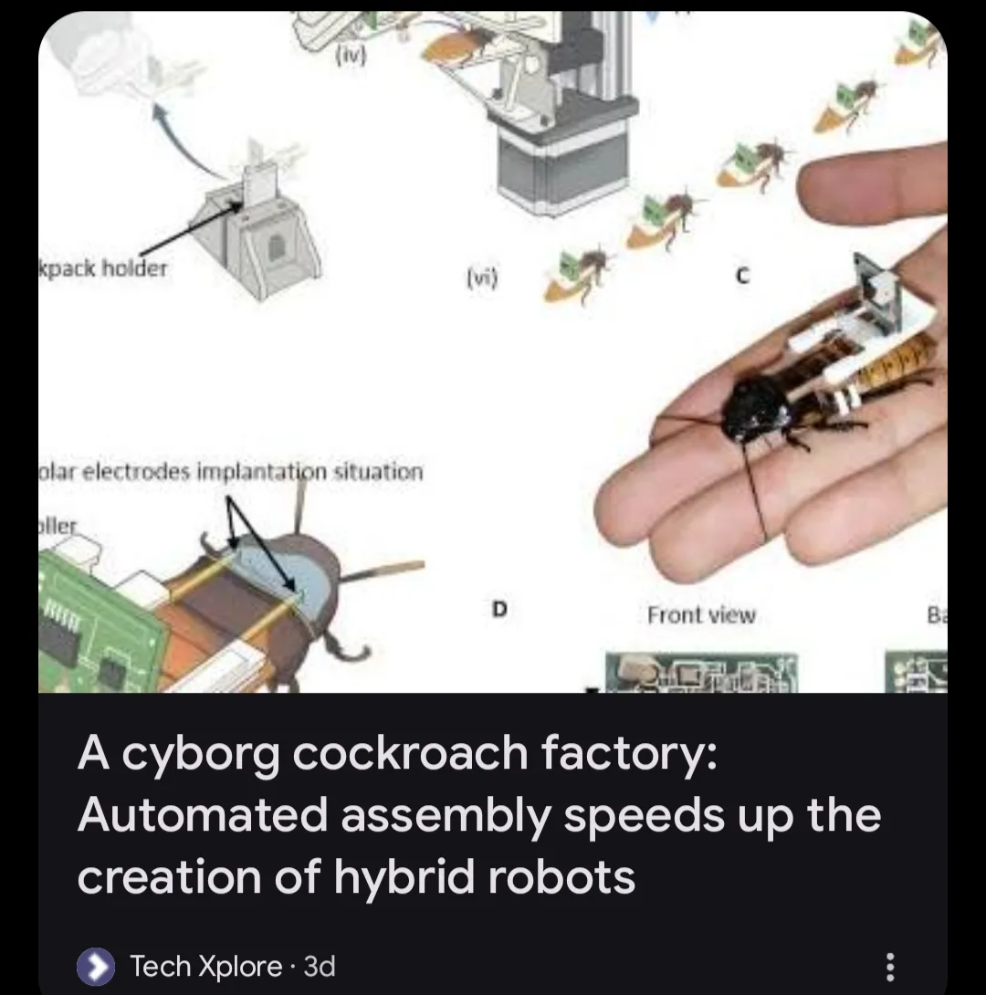 The image shows a technical diagram illustrating a robotic assembly line for creating cyborg cockroaches, with labeled steps…