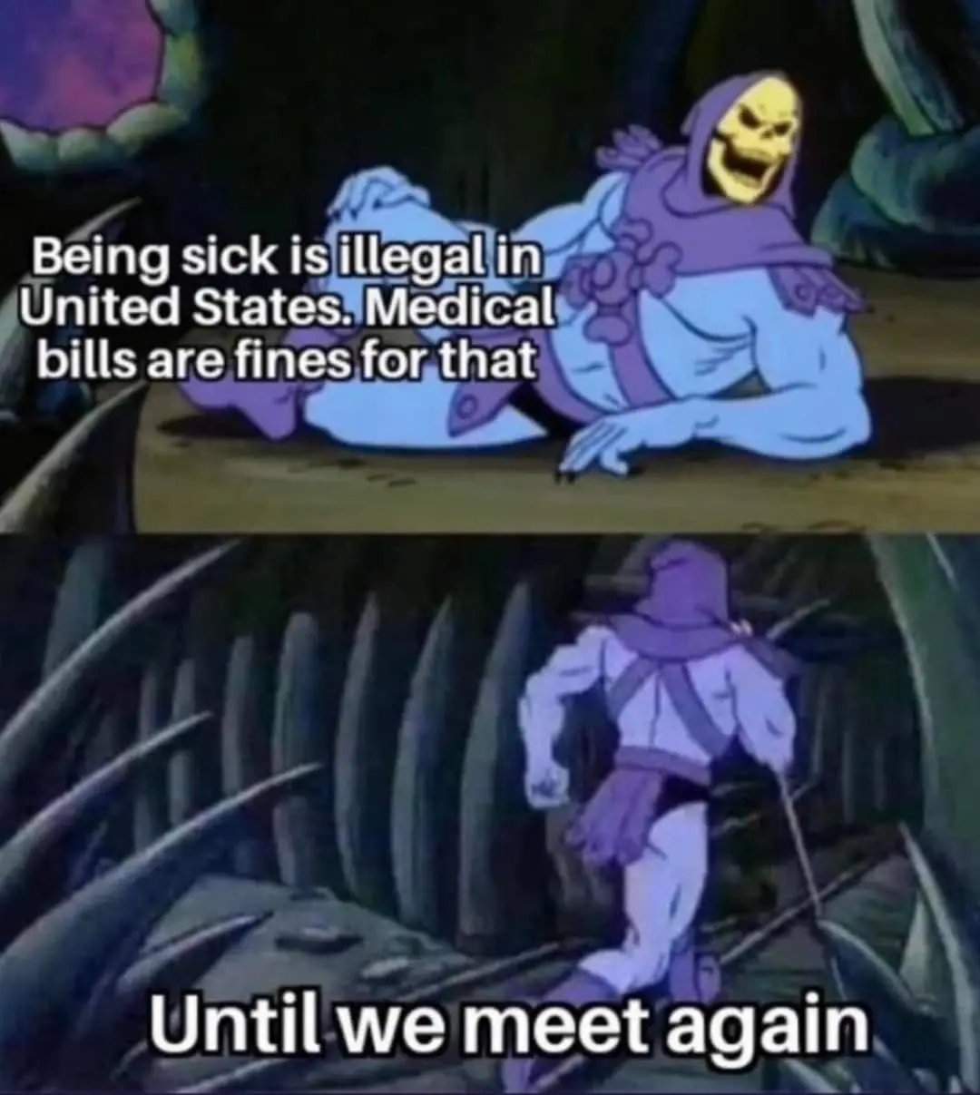 The meme features two panels from the animated series 'He-Man and the Masters of the Universe'. In the top panel, Skeletor…