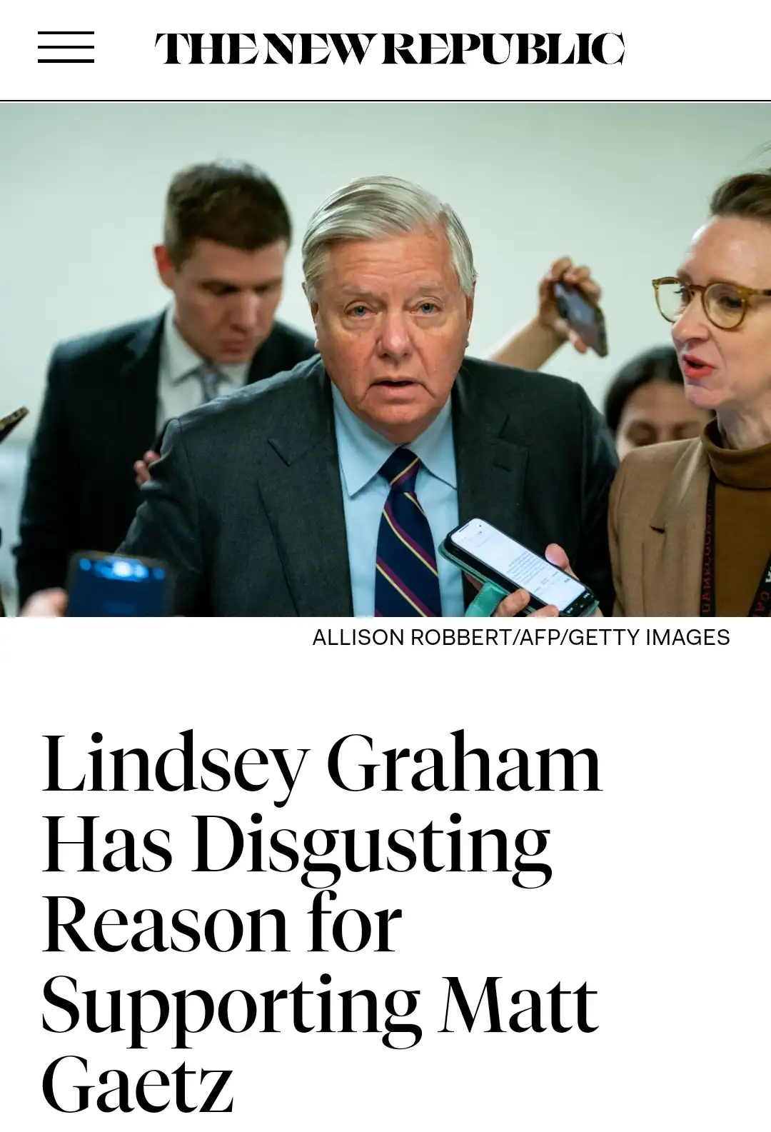 A screenshot of a news article from The New Republic shows Senator Lindsey Graham in a suit and tie, surrounded by reporters…