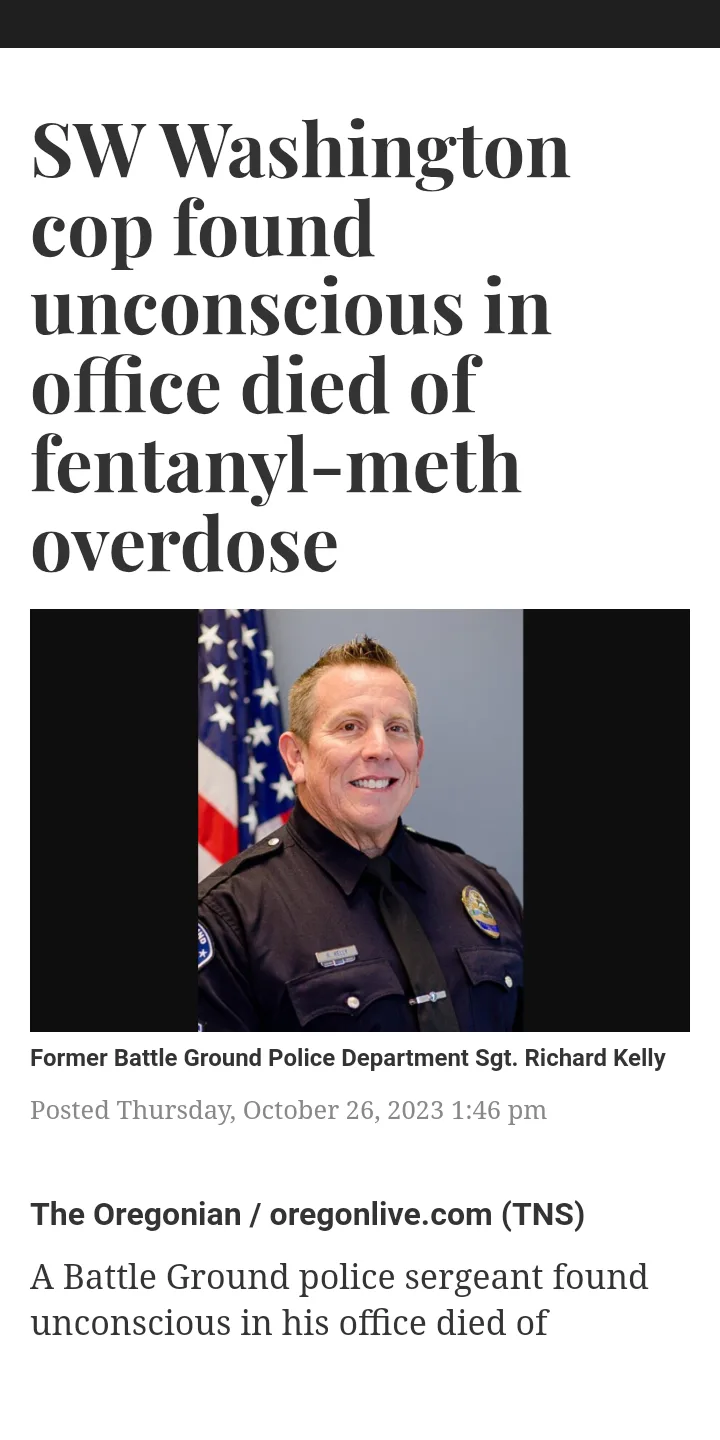 A news article screenshot shows a smiling photo of former Battle Ground Police Department Sgt. Richard Kelly in uniform…