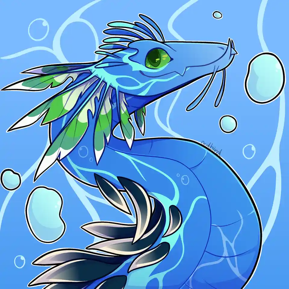 A stylized blue aquatic dragon with green eyes and leaf-like fins swims in a light blue underwater scene with bubbles. The…