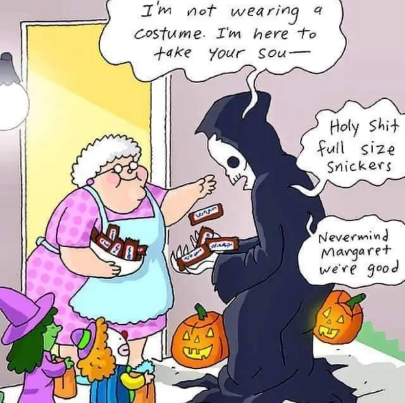 A cartoon depicts a grim reaper in a black robe holding candy bars, standing at a door with a smiling elderly woman in a…